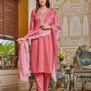 Women Embroidered Straight Kurta Set in Peach Colour