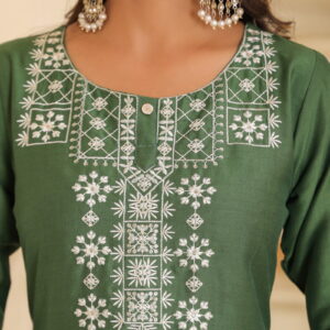 Green Simple Embroidered Kurta set With Bottom Wear and Dupatta