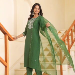 Green Simple Embroidered Kurta set With Bottom Wear and Dupatta