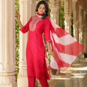 Fuchsia Pink Embroidered Designer Kurta With duppata and Bottom