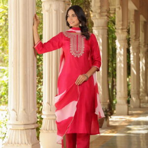 Fuchsia Pink Embroidered Designer Kurta With duppata and Bottom