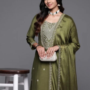 Mehndi Color Embroidered Women wear Kurta set with bottom wear and dupatta