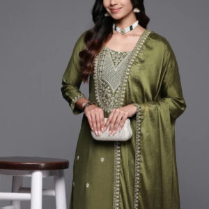 Mehndi Color Embroidered Women wear Kurta set with bottom wear and dupatta