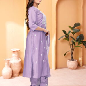 Beautiful and Simple Lavender colour Embroidered Kurta set With Bottom and Dupatta