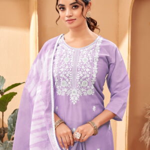 Beautiful and Simple Lavender colour Embroidered Kurta set With Bottom and Dupatta