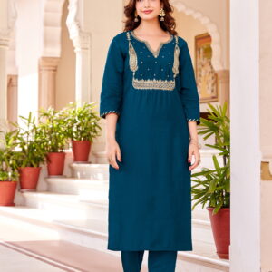 Women's Beautiful Petrol Colour Kurta With Pant And  Dupatta