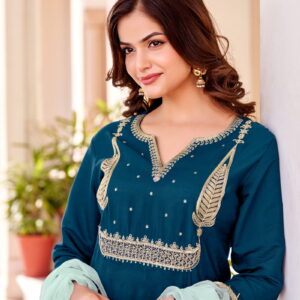 Women's Beautiful Petrol Colour Kurta With Pant And  Dupatta