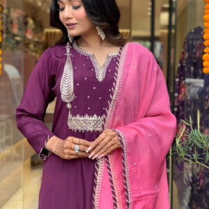 Women's Beautiful Wine Colour Kurta With Pant And Dupatta